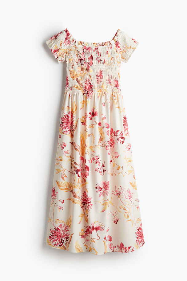 H&M Gesmokte Off-the-shoulderjurk Roomwit/bloemen