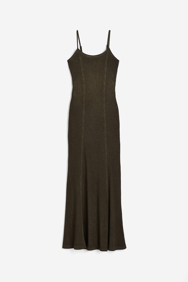 H&M Washed-look Ribbed Maxi Dress Dark Olive Green
