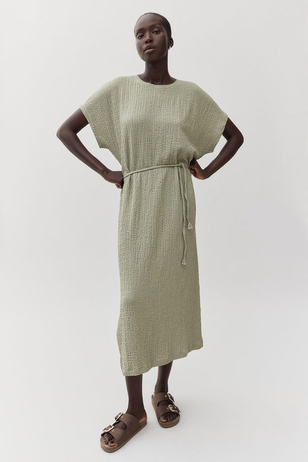 H&M Tie-belt Textured Jersey Dress Light Khaki Green