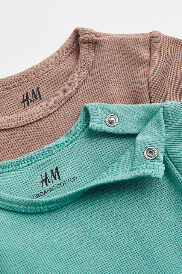 H&M 2-pack Adjustable-fit Long-sleeved Bodysuits Green/dark Beige