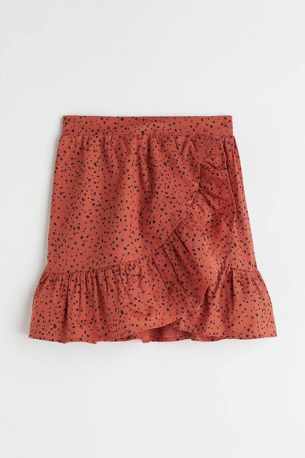 H&M Flounce-trimmed Wrapover Skirt Brick Red/spotted