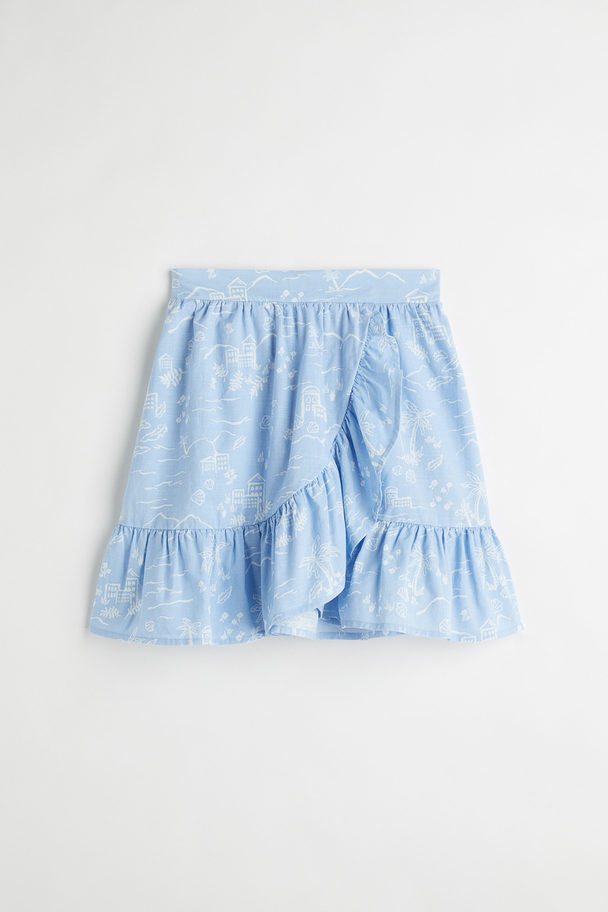 H&M Flounce-trimmed Wrapover Skirt Light Blue/patterned