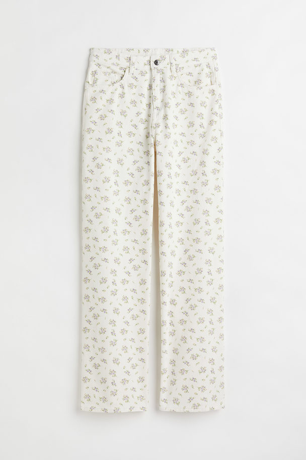 H&M High Waist Twill Trousers White/floral