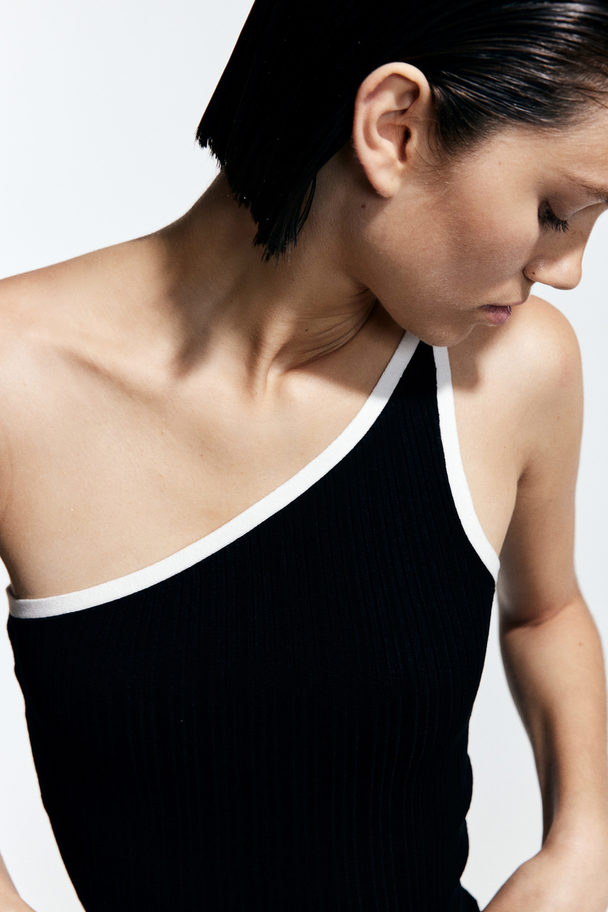 H&M Ribgebreide One-shouldertop Zwart/roomwit