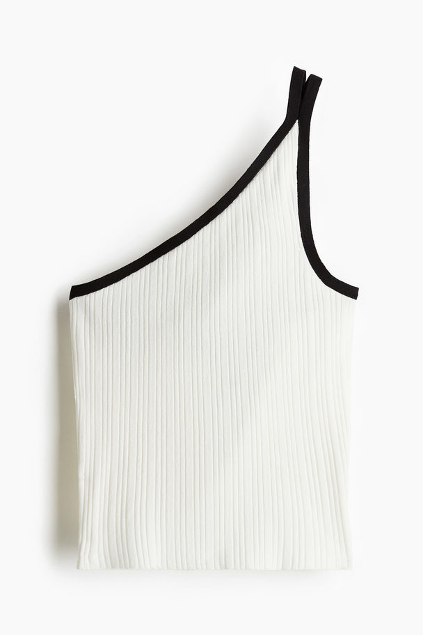 H&M Ribgebreide One-shouldertop Roomwit/zwart