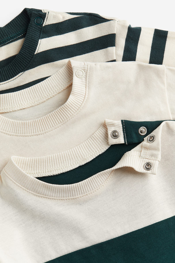 H&M 3-pack Cotton Jersey Tops Light Beige/striped