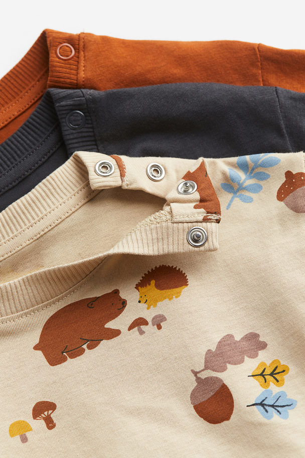 H&M 3-pack Cotton Jersey Tops Beige/animals