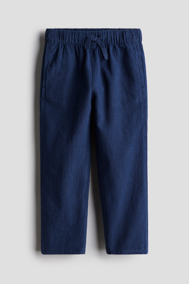 H&M Linen-blend Pull-on Trousers Light Blue/dark Blue