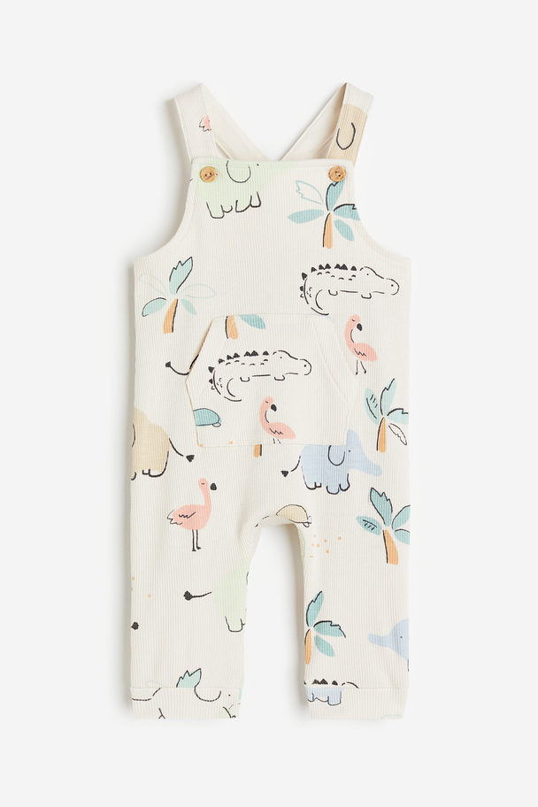 H&M Ribbed Cotton Dungarees Natural White/animals