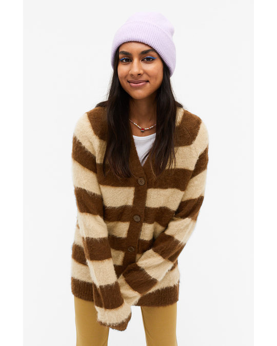 Monki Long Knitted Cardigan Brown Stripes