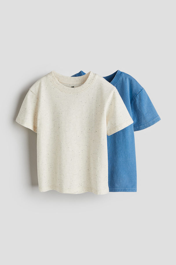 H&M Set Van 2 T-shirts Van Katoenen Tricot Gebroken Wit/blauw