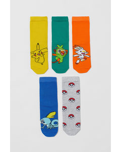 5-pack Patterned Socks Yellow/pokémon