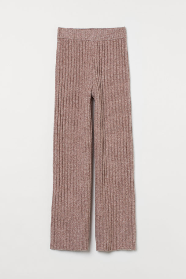 H&M Mama Rib-knit Wool-blend Trousers Beige Marl