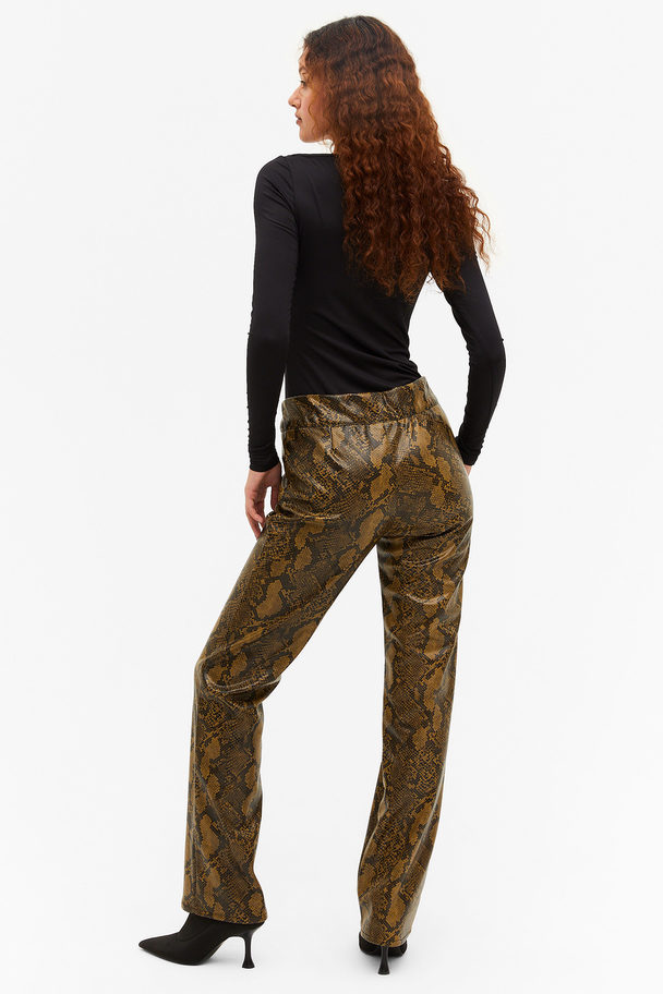 Monki Low Waist Straight Leg Faux Leather Trousers Brown Snake