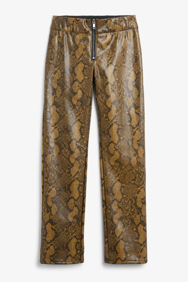 Monki Low Waist Straight Leg Faux Leather Trousers Brown Snake