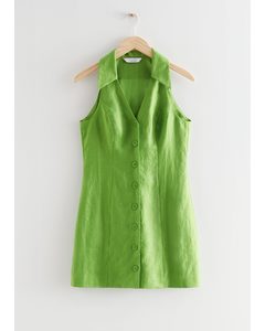 Buttoned Linen Mini Dress Green