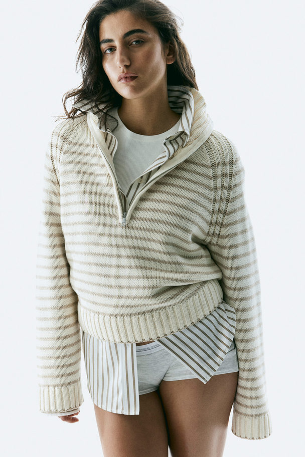 H&M Pullover mit Reißverschluss Cremefarben/Beige gestreift