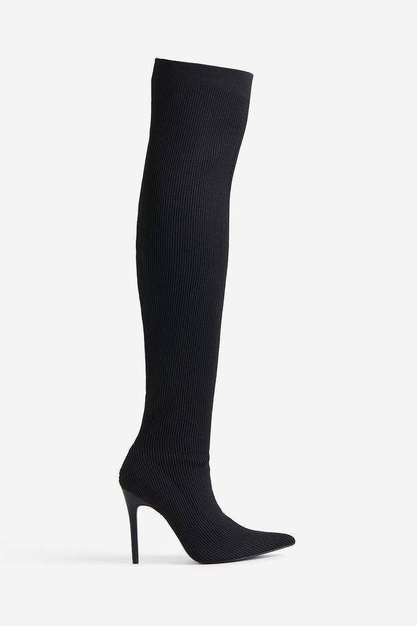 Public Desire Chateau Heeled Knee Boot Black Knit