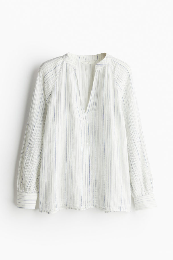 H&M Double-weave Blouse White/blue-striped