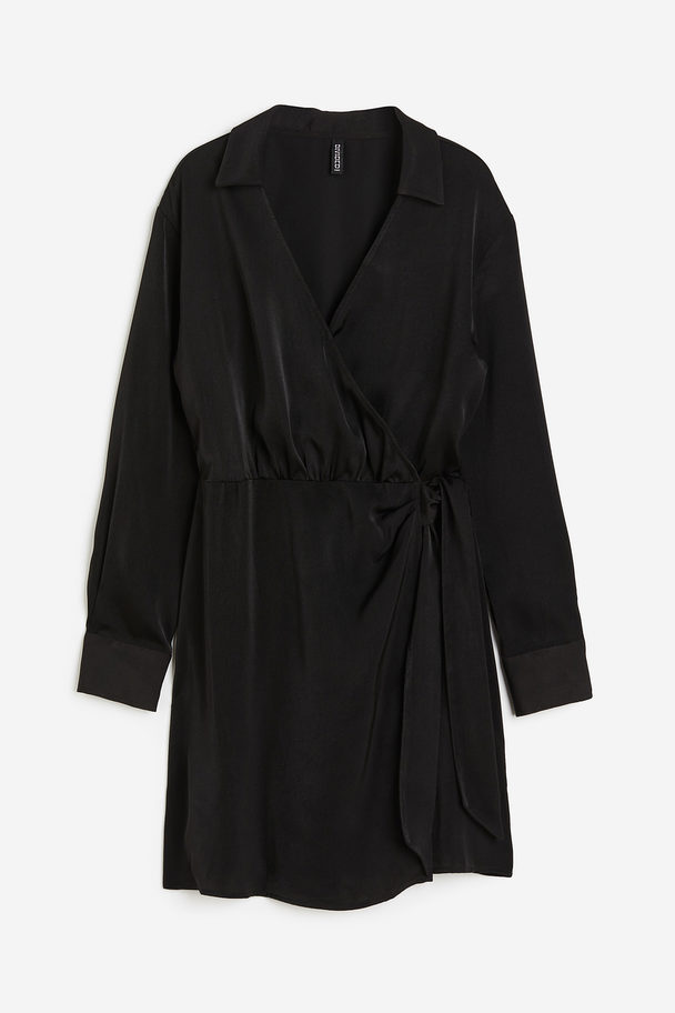 H&M Satin Wrap Shirt Dress Black