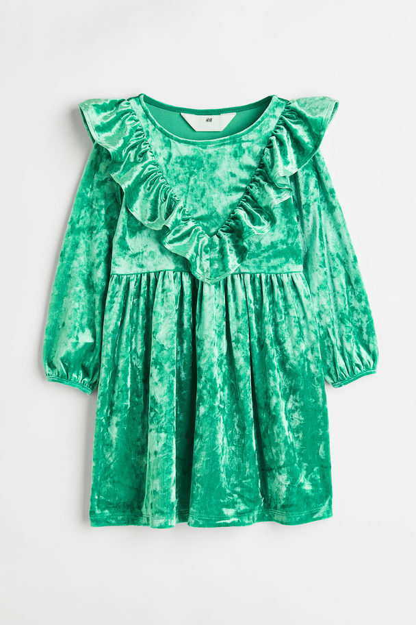 H&M Flounce-trimmed Velour Dress Green