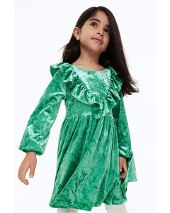 Flounce-trimmed Velour Dress Green