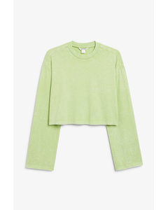 Long Sleeve Loose Crop Top Light Green Acid Wash