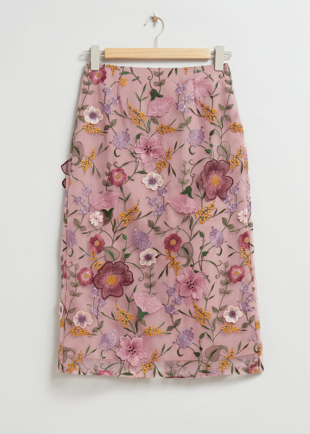 & Other Stories Floral Organza Midi Skirt Pink