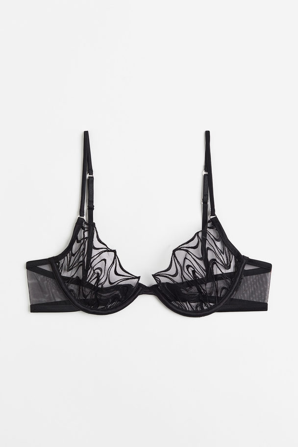 H&M Non-padded Underwired Embroidered Bra Black/patterned