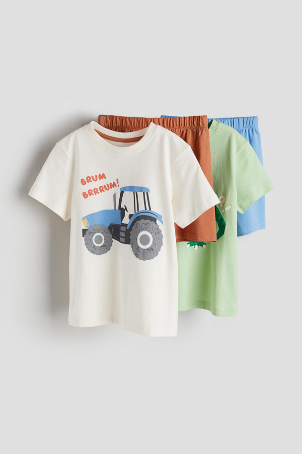 H&M 2er-Pack Schlafanzug mit Print Naturweiß/Traktor