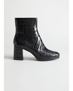 Croc Leather Platform Boots Black