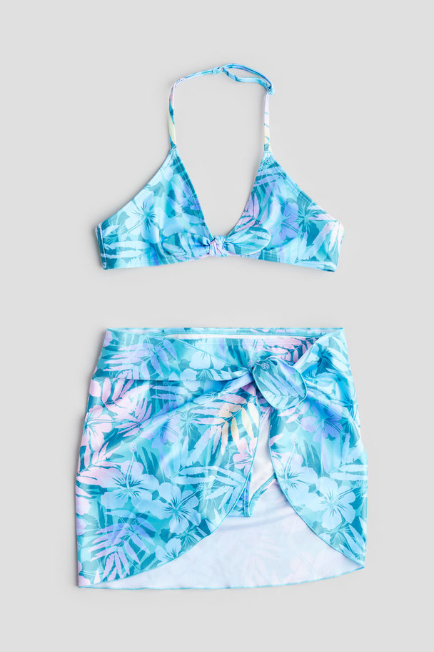 H&M 3-piece Bikini And Skirt Set Turquoise/floral