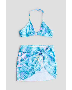 Driedelige Set - Bikini En Rok Turkoois/bloemen