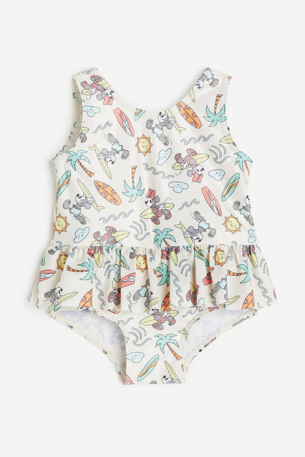 H&M Flounce-trimmed Swimsuit Light Beige/mickey Mouse