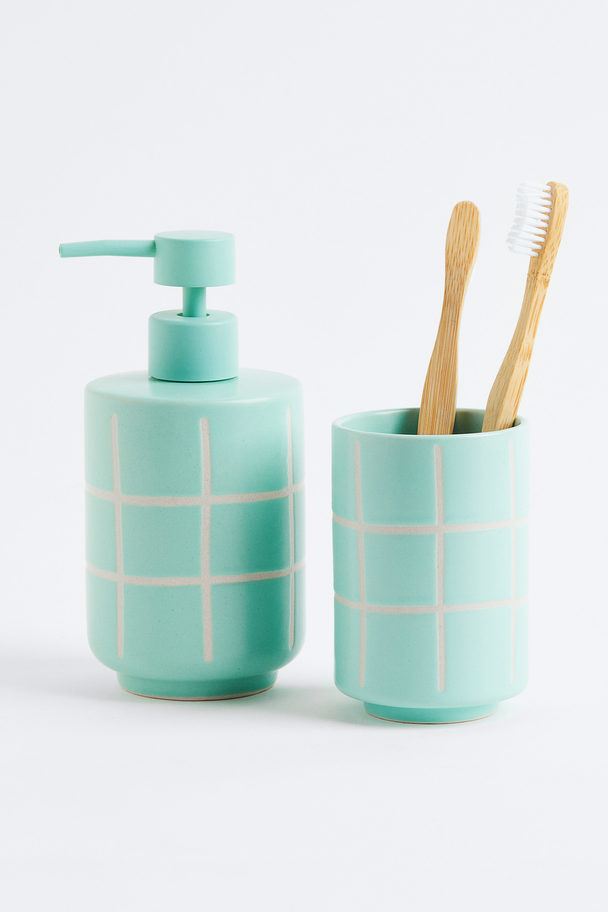 H&M HOME Stoneware Toothbrush Mug Turquoise/checked