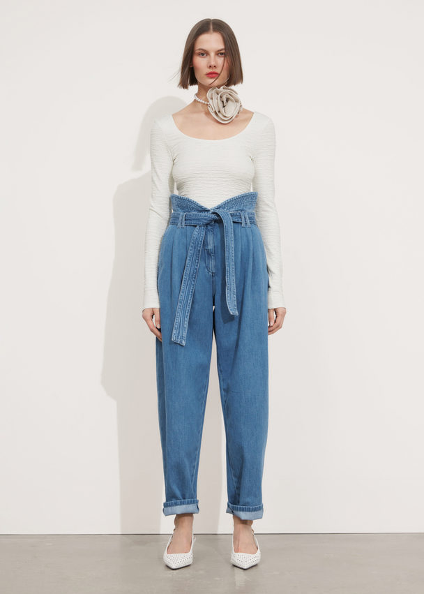 & Other Stories Wide Paperbag Denim Trousers Blue