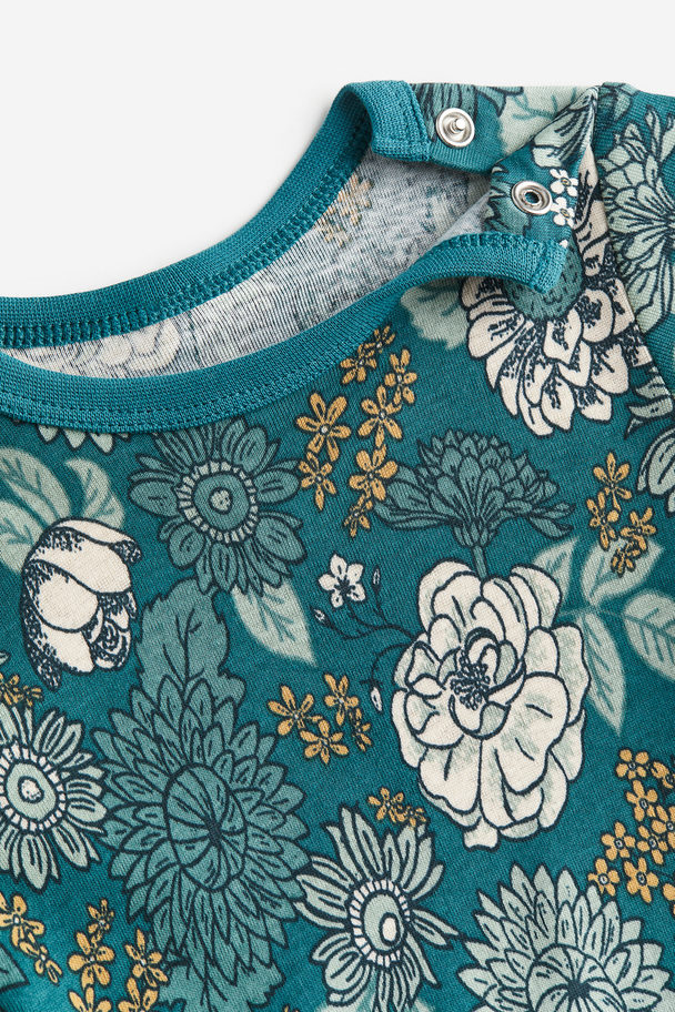 H&M Long-sleeved Bodysuit Dark Turquoise/floral