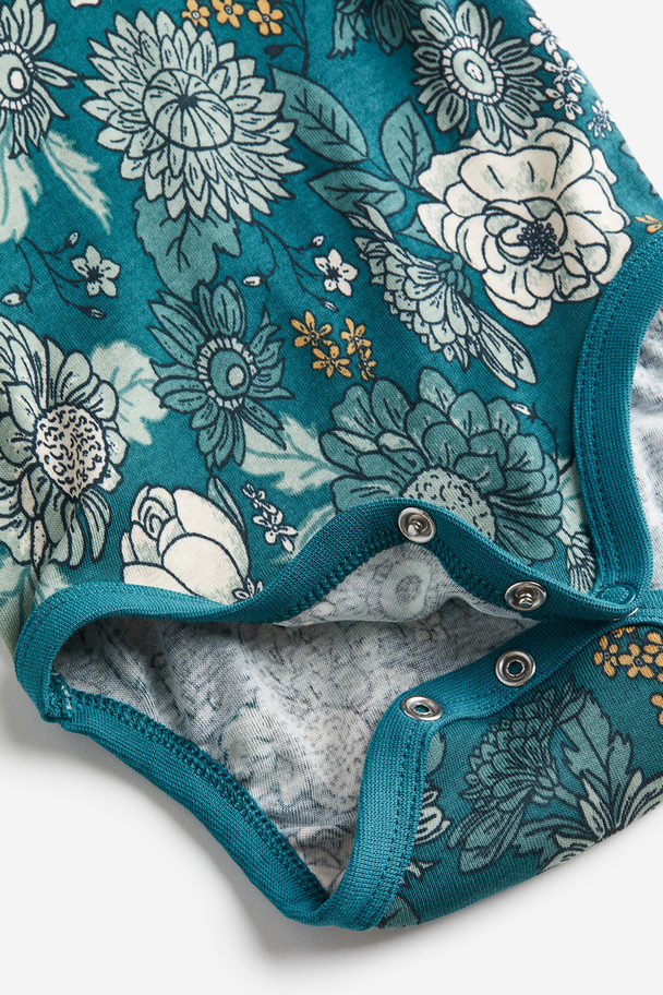H&M Long-sleeved Bodysuit Dark Turquoise/floral