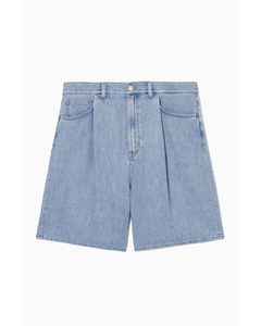 Pleated A-line Denim Shorts Light Blue