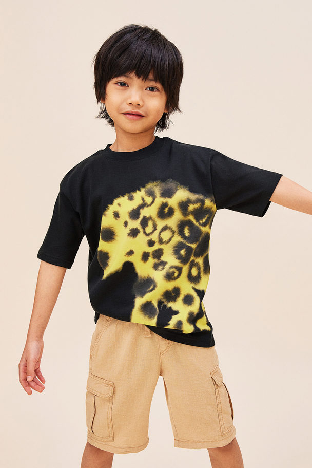 H&M T-shirt Med Dyremotiv Sort/leopardtrykk