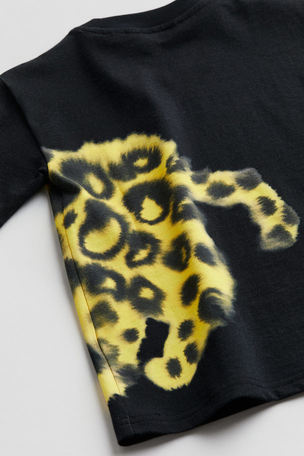 H&M T-shirt Med Dyremotiv Sort/leopardmønstret