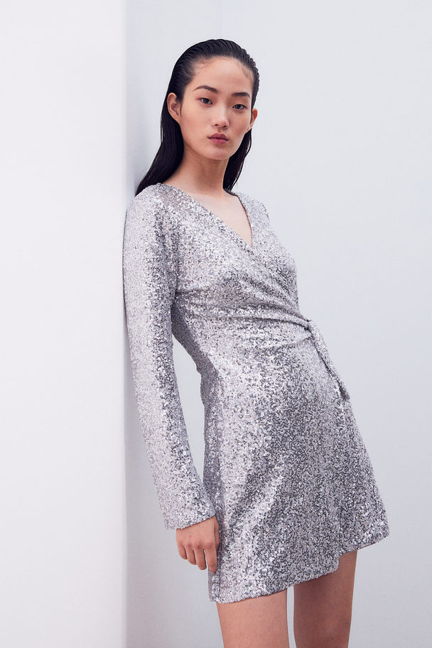 H&M Sequined Wrap Dress Silver-coloured