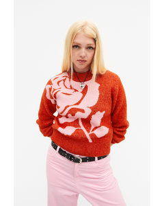 Jacquard Knit Sweater Red Rose