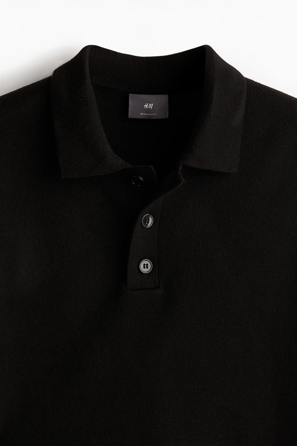 H&M Fijngebreid Poloshirt - Regular Fit Zwart