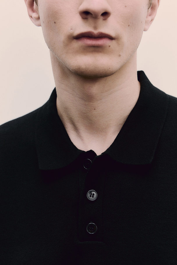 H&M Fijngebreid Poloshirt - Regular Fit Zwart