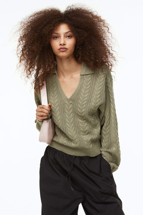 H&M Collared Cable-knit Jumper Light Khaki Green