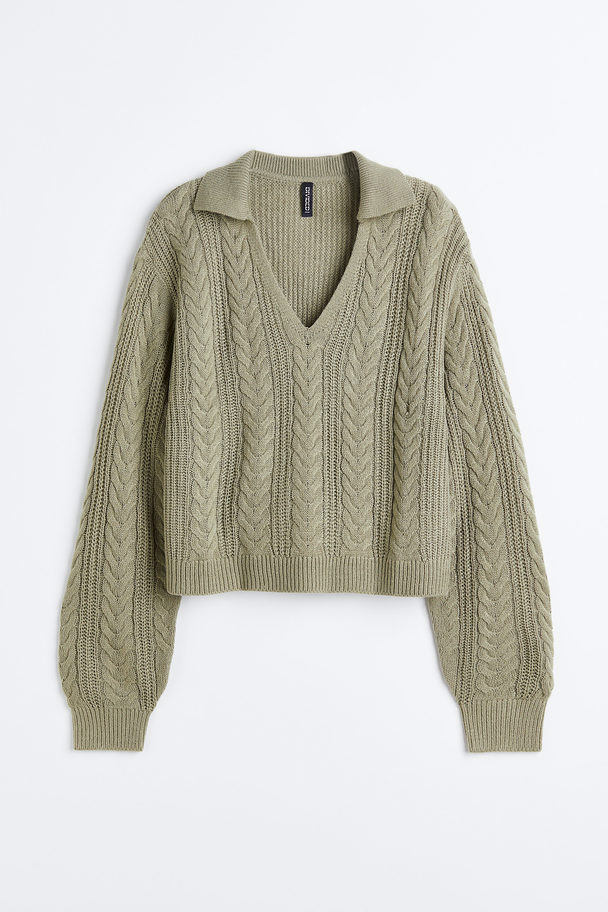 H&M Collared Cable-knit Jumper Light Khaki Green