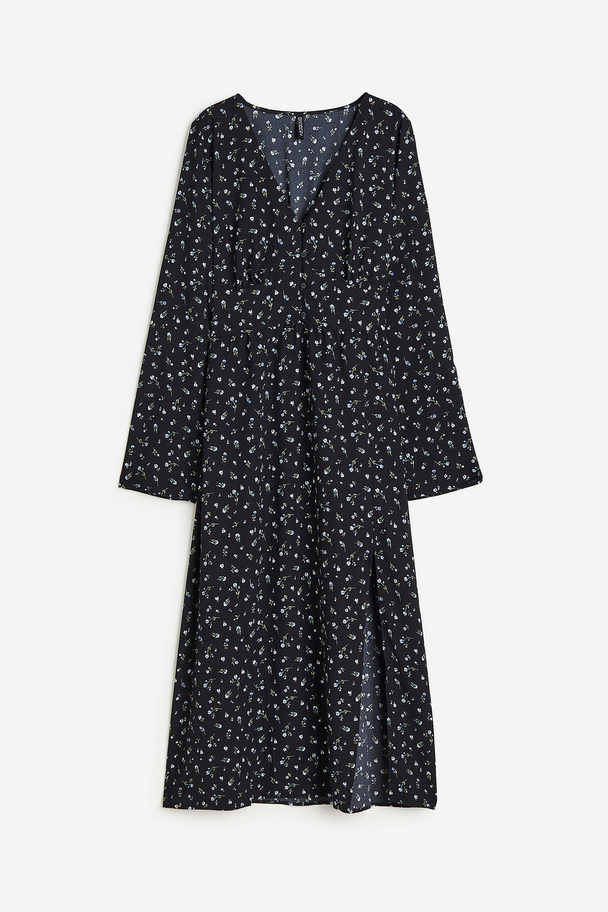 H&M Button-front Crêpe Dress Black/floral