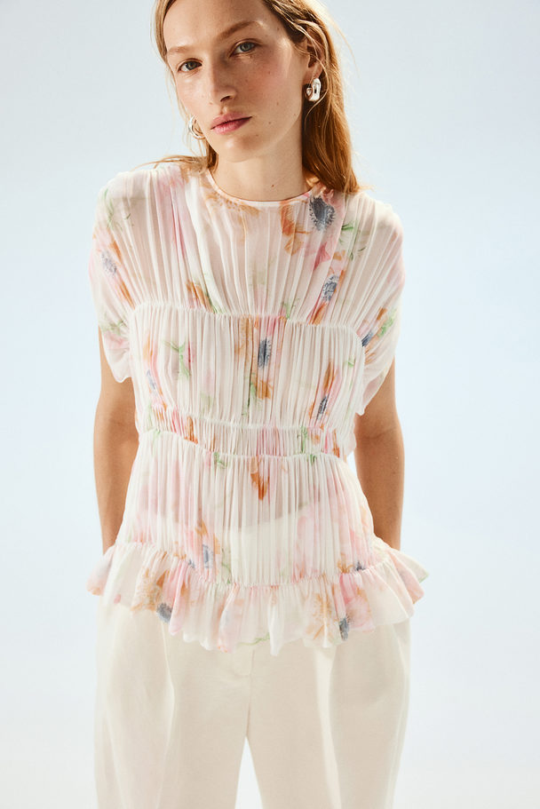 H&M Gathered Viscose Blouse White/floral