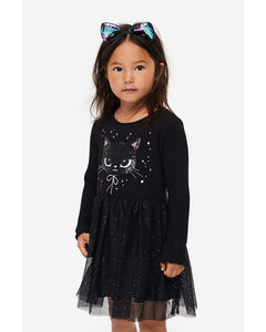 Sequin-motif Tulle-skirt Dress Black/cat